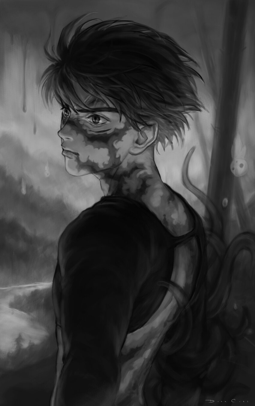 1boy absurdres ashitaka back brown_hair closed_mouth cloud cloudy_sky commentary darkcore2943 english_commentary falling greyscale highres kodama long_sleeves looking_ahead making-of_available male_focus monochrome mononoke_hime scar scar_on_face short_hair sky solo upper_body