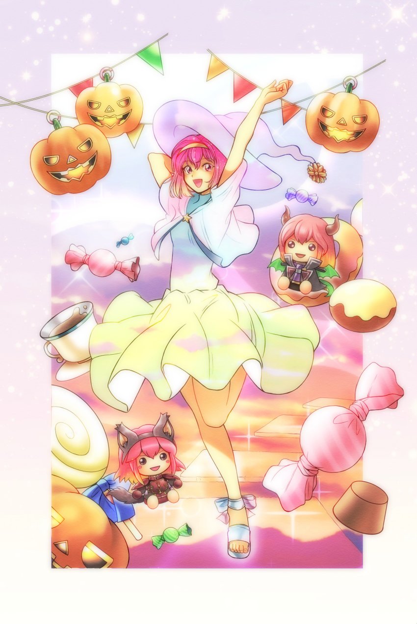 1girl absurdres animal_ears arm_up candy cat_ears character_doll cup demon_horns doll dress fake_animal_ears female_focus fire_emblem fire_emblem:_mystery_of_the_emblem food halloween_costume hat highres horns jack-o&#039;-lantern leg_up lollipop maria_(fire_emblem) minerva_(fire_emblem) misheil_(fire_emblem) nintendo open_mouth red_eyes red_hair sandals short_hair solo teacup torisan_377 witch_hat