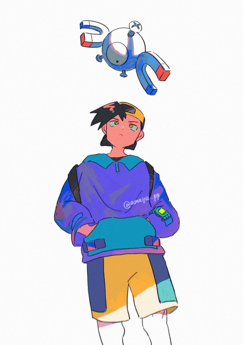 1boy amaya_uw backwards_hat baseball_cap black_hair closed_mouth ethan_(pokemon) gen_1_pokemon hands_in_pockets hat highres jacket knees long_sleeves looking_up magnemite male_focus nintendo pokemon pokemon_(creature) pokemon_gsc purple_jacket short_hair shorts simple_background white_background yellow_eyes yellow_shorts