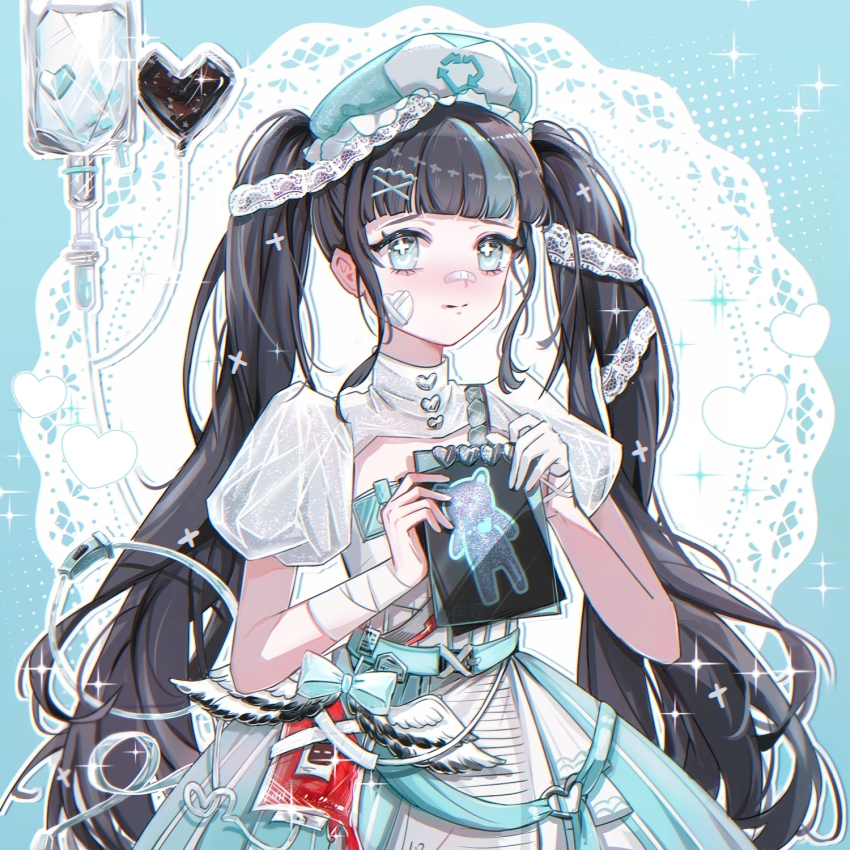 1girl aqua_belt aqua_bow aqua_dress aqua_eyes aqua_hair aqua_hat arrow_(symbol) bandaged_wrist bandages bandaid bandaid_on_cheek bandaid_on_face bandaid_on_nose bear black_hair blood blood_bag blue_background blunt_bangs bow braid chazui_ranyi cleavage_cutout clothing_cutout cowboy_shot dress eyelashes frilled_headwear gloves half_gloves half_up_braid happy hat heart heart_print highres holding holding_notepad intravenous_drip lace lace_background lace_ribbon layered_dress light_blush long_hair looking_at_viewer miracle_nikki multicolored_hair nikki_(series) notepad nurse nurse_cap outline pleated_dress puffy_short_sleeves puffy_sleeves recycling_symbol ribbon short_sleeves single_glove solo sparkle sparkling_eyes standing streaked_hair striped_clothes striped_dress sugarplum_healer_(miracle_nikki) tenshi_kaiwai turtleneck turtleneck_dress twintails two-tone_hair vertical-striped_clothes vertical-striped_dress very_long_hair white_blood white_dress white_outline white_ribbon x-ray