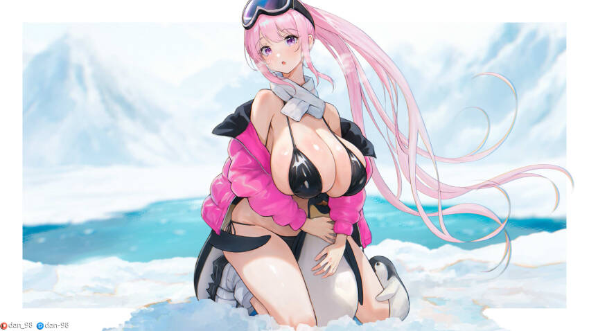 1girl animal artist_name bikini bird black_bikini blue_archive blush breasts cleavage dan-98 eimi_(blue_archive) eimi_(swimsuit)_(blue_archive) goggles goggles_on_head highres jacket kneeling large_breasts long_hair long_neck long_sleeves official_alternate_costume open_clothes open_jacket open_mouth penguin pink_hair pink_jacket ponytail purple_eyes side-tie_bikini_bottom solo swimsuit very_long_hair