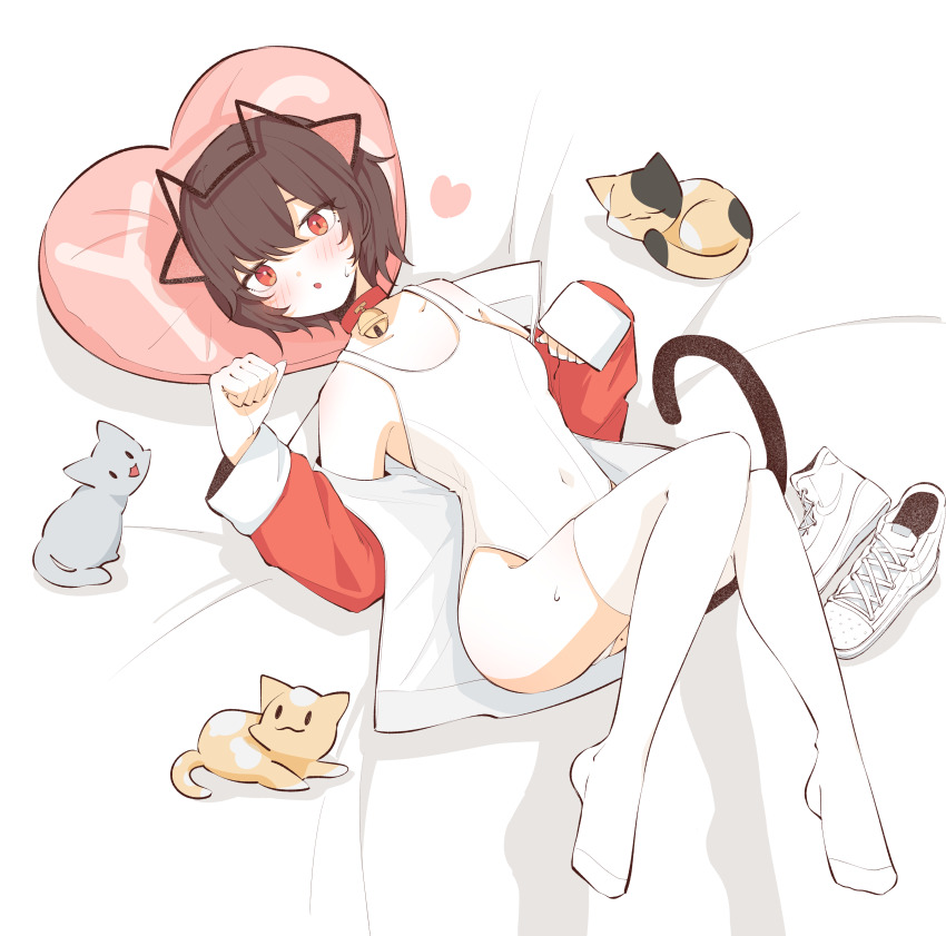 1girl absurdres animal_collar animal_ear_hairband animal_ears bare_shoulders bed_sheet bell black_tail blush brown_hair calico_(pattern) calico_cat cat cat_ear_hairband cat_ears cat_tail chestnut_mouth collar commentary_request commission covered_navel fake_animal_ears footwear_request full_body grey_cat hairband heart heart-shaped_pillow highres jacket jingle_bell korean_commentary looking_at_viewer lying mole mole_on_thigh mole_under_eye neck_bell nike_(company) no_shoes off_shoulder on_back on_bed one-piece_swimsuit orange_cat original paw_pose pillow pink_pillow prunechi ramube red_collar red_eyes red_jacket second-party_source shoes short_hair sneakers solo sweat swimsuit tail thighhighs unworn_shoes white_one-piece_swimsuit white_shoes white_thighhighs yes-no_pillow
