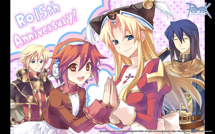 2boys 2girls akita_kome anniversary armor belt black_capelet black_hat blonde_hair blue_eyes blue_hair blue_shirt breasts brown_belt brown_eyes brown_hair brown_jacket capelet chainmail closed_mouth copyright_notice curtained_hair dress emblem flat_chest gold_trim hair_between_eyes hat headphones high_priest_(ragnarok_online) highres jacket knight_(ragnarok_online) logo long_bangs long_hair long_sleeves looking_at_viewer medium_breasts merchant_(ragnarok_online) multiple_boys multiple_girls noah_hat_(ragnarok_online) official_art official_wallpaper open_clothes open_jacket open_mouth palms_together parted_bangs pillarboxed pink_background ragnarok_online red_dress red_shirt round_teeth shirt short_hair smile tabard teeth two-tone_dress upper_body upper_teeth_only white_dress white_tabard wizard_(ragnarok_online)