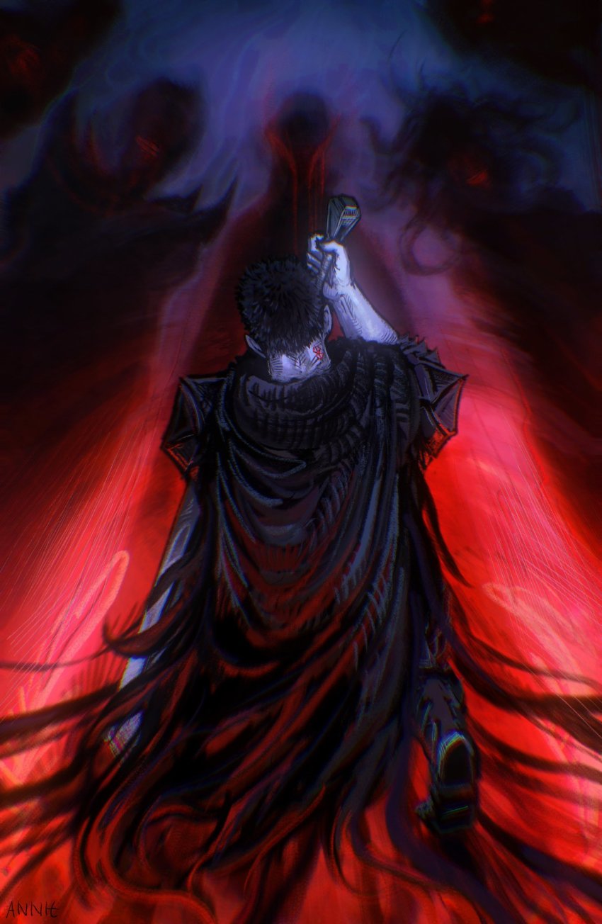 1girl 5boys anniechromes armor artist_name back berserk black_cloak black_hair brand_of_sacrifice cloak commentary conrad_(berserk) demon english_commentary femto_(berserk) griffith_(berserk) guts_(berserk) highres holding holding_sword holding_weapon kneeling multiple_boys shadow short_hair shoulder_armor silhouette slan_(berserk) spiked_hair sword ubik_(berserk) void_(berserk) weapon