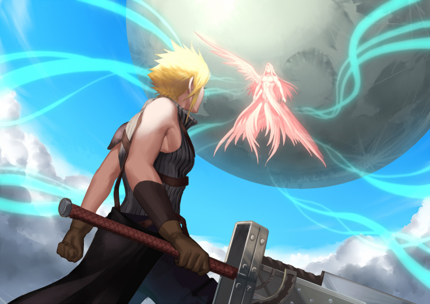 2boys armor blonde_hair blue_sky brown_gloves cloud cloud_strife cloudy_sky cowboy_shot eilinna fighting_stance final_fantasy final_fantasy_vii final_fantasy_vii_advent_children flying from_behind fusion_swords gloves holding holding_sword holding_weapon lifestream looking_at_another male_focus meteor multiple_boys multiple_wings outdoors safer_sephiroth sephiroth shirt short_hair shoulder_armor single_bare_shoulder sky sleeveless sleeveless_shirt spiked_hair sword waist_cape weapon wings