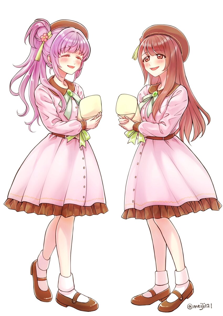 2girls 4th_live_dream_~bloom_the_dream_believers~ :d ^_^ animification beret blush bouquet brown_eyes brown_hair brown_hat closed_eyes collared_dress commentary_request contrast_collar dream_believers dress flower flower_stand_art frilled_dress frills full_body hair_flower hair_intakes hair_ornament hanamiya_nina hat highres holding holding_bouquet link!_like!_love_live! long_hair long_sleeves love_live! meiji_(mosamoo3) multiple_girls official_alternate_costume open_mouth otomune_kozue pink_dress real_life red_flower rounded_collar sidelocks simple_background smile socks standing tassel tassel_hair_ornament twitter_username two_side_up virtual_youtuber voice_actor voice_actor_connection white_background white_socks