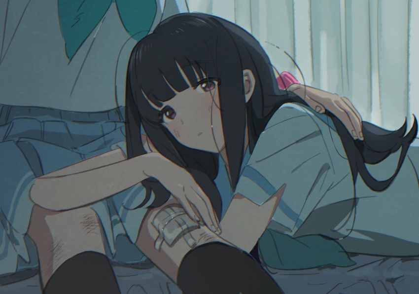 2girls aqua_neckerchief bandage_on_knee black_hair black_socks blue_skirt blunt_bangs chinese_commentary commentary curtains hand_on_another&#039;s_back hibike!_euphonium highres kasaki_nozomi kneehighs liz_to_aoi_tori long_hair looking_at_viewer lying multiple_girls neckerchief on_stomach parted_lips pink_eyes pink_scrunchie q_(404_nonq) school_uniform scrape scraped_knee scrunchie serafuku sidelocks sitting skirt socks upper_body white_serafuku wrist_scrunchie yoroizuka_mizore