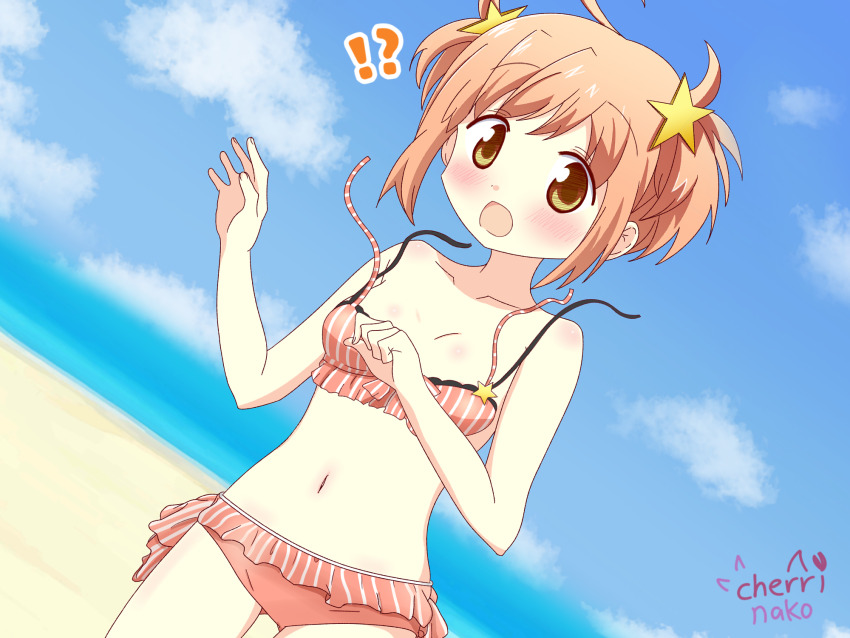 ! !? 1girl ? bikini brown_eyes brown_hair cherrinako female_focus highres inokuma_youko kirara_fantasia looking_at_viewer navel open_mouth panties pink_panties shadow short_hair sky solo standing swimsuit underwear underwear_only water
