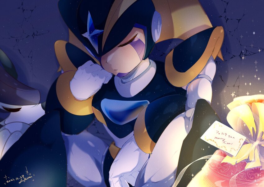 1boy armor baron-0628 bass_(mega_man) black_armor black_helmet chest_jewel closed_eyes dated facial_mark forehead_jewel gift glowing helmet highres male_focus mega_man_(classic) mega_man_(series) merry_christmas non-humanoid_robot robot robot_dragon signature sleeping solo_focus translation_request treble_(mega_man)