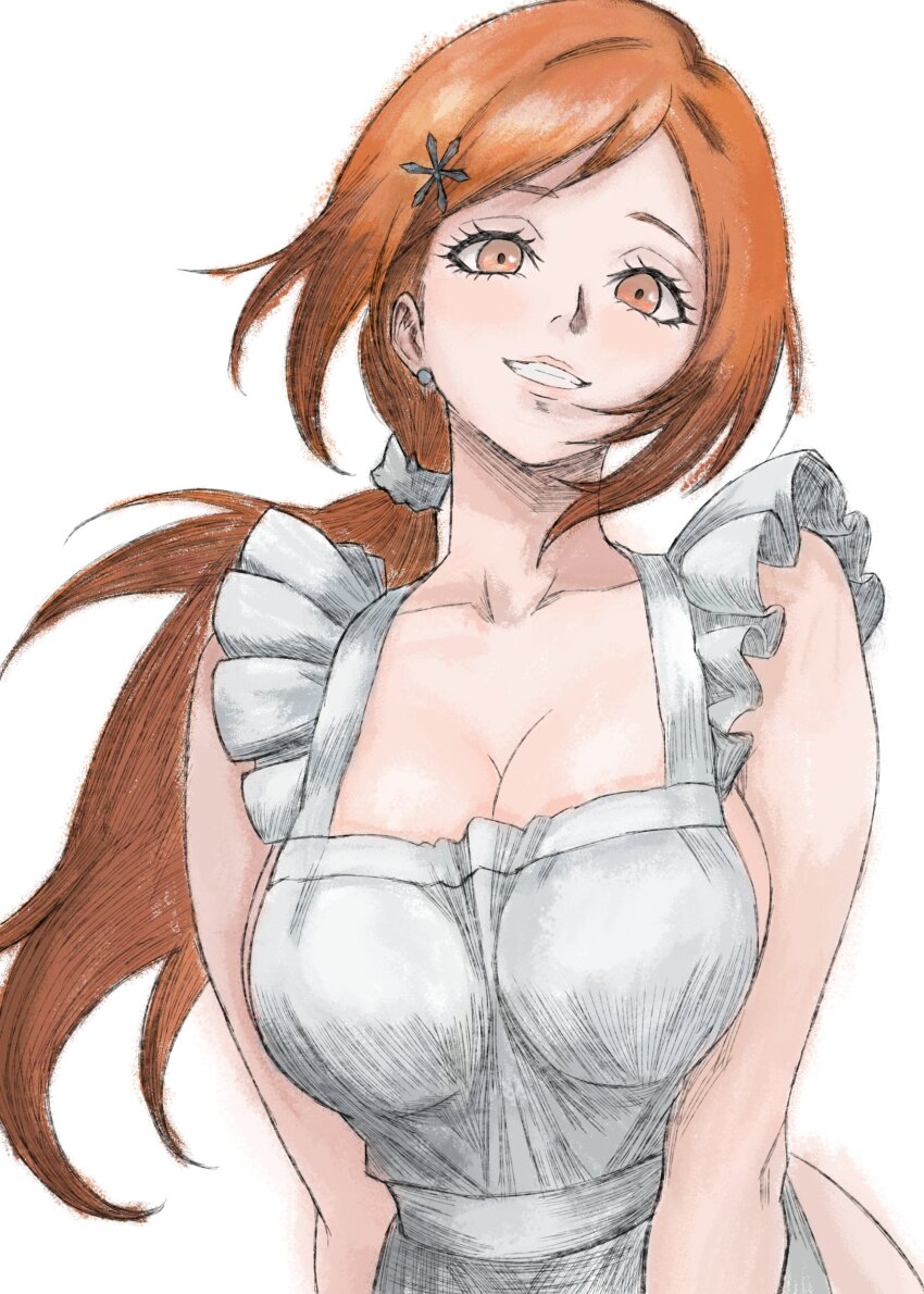 1girl absurdres apron bare_shoulders bleach bleach:_epilogue breasts brown_eyes cleavage collarbone earrings eddenikki female_focus hair_ornament hairclip highres inoue_orihime jewelry large_breasts long_hair looking_at_viewer mature_female naked_apron orange_hair parted_lips ponytail sideboob simple_background snowflake_hair_ornament teeth upper_body white_background
