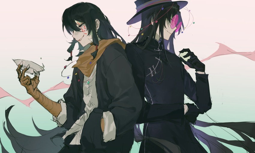 2boys absurdres bandaged_arm bandages beads black_eyes black_gloves black_hair black_jacket bowl changpao chinese_clothes chinese_commentary closed_mouth commentary_request facepaint gloves gradient_background grin hand_in_pocket highres holding holding_bowl huai_yunqing jacket long_hair long_sleeves male_focus mandarin_collar mole mole_under_eye multiple_boys open_clothes open_jacket pink-tinted_eyewear round_eyewear scarf sleeves_rolled_up smile tinted_eyewear touqi_guaitan very_long_hair wumingshi12213 yellow_scarf ziche_fuzhao