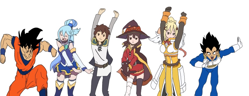 3boys 3girls aqua_(konosuba) aqua_hair arms_up blonde_hair cat chomusuke closed_eyes crossover dancing darkness_(konosuba) dragon_ball dragon_ball_z dragon_ball_z_kami_to_kami dragonball_z highres kono_subarashii_sekai_ni_shukufuku_wo! megumin multiple_boys multiple_girls open_mouth saiyan_armor satou_kazuma son_goku super_turles tomorrow_(konosuba) vegeta