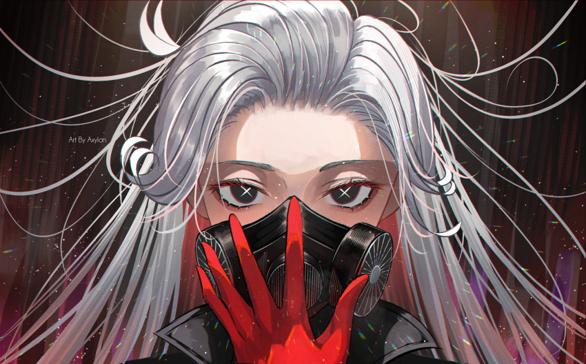 1girl absurdres ada_mesmer ada_mesmer_(doomsday_rescuer) artist_name axylon black_coat black_eyes coat colored_eyelashes covered_mouth expressionless gas_mask gloves highres identity_v long_hair looking_at_viewer mask official_alternate_costume red_gloves respirator solo symbol-shaped_pupils white_hair x-shaped_pupils
