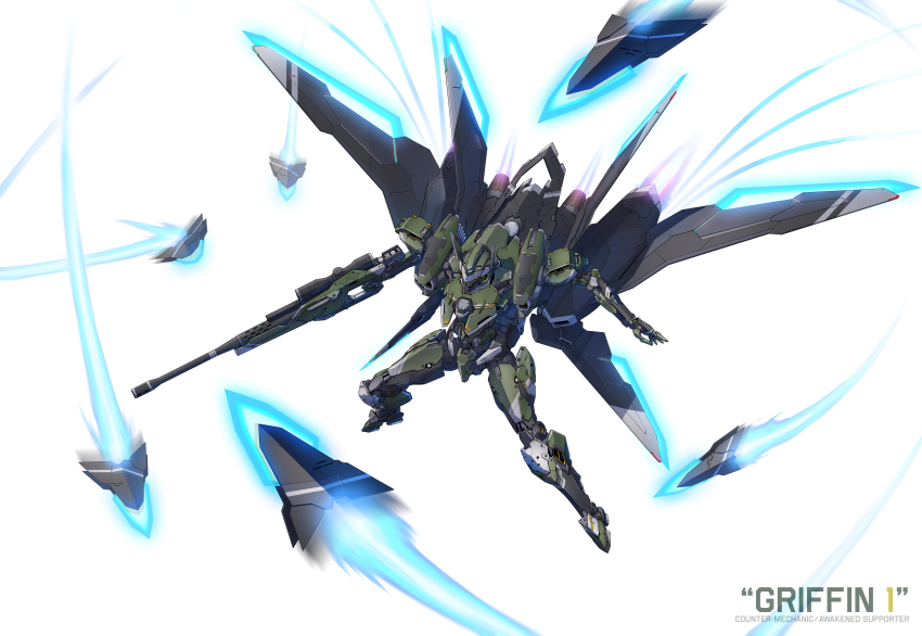 absurdres commission copyright_name counter:side flying glowing gun highres holding holding_gun holding_weapon maxilax mecha mechanical_wings mobile_suit no_humans open_hand rifle robot science_fiction solo thrusters weapon white_background wings