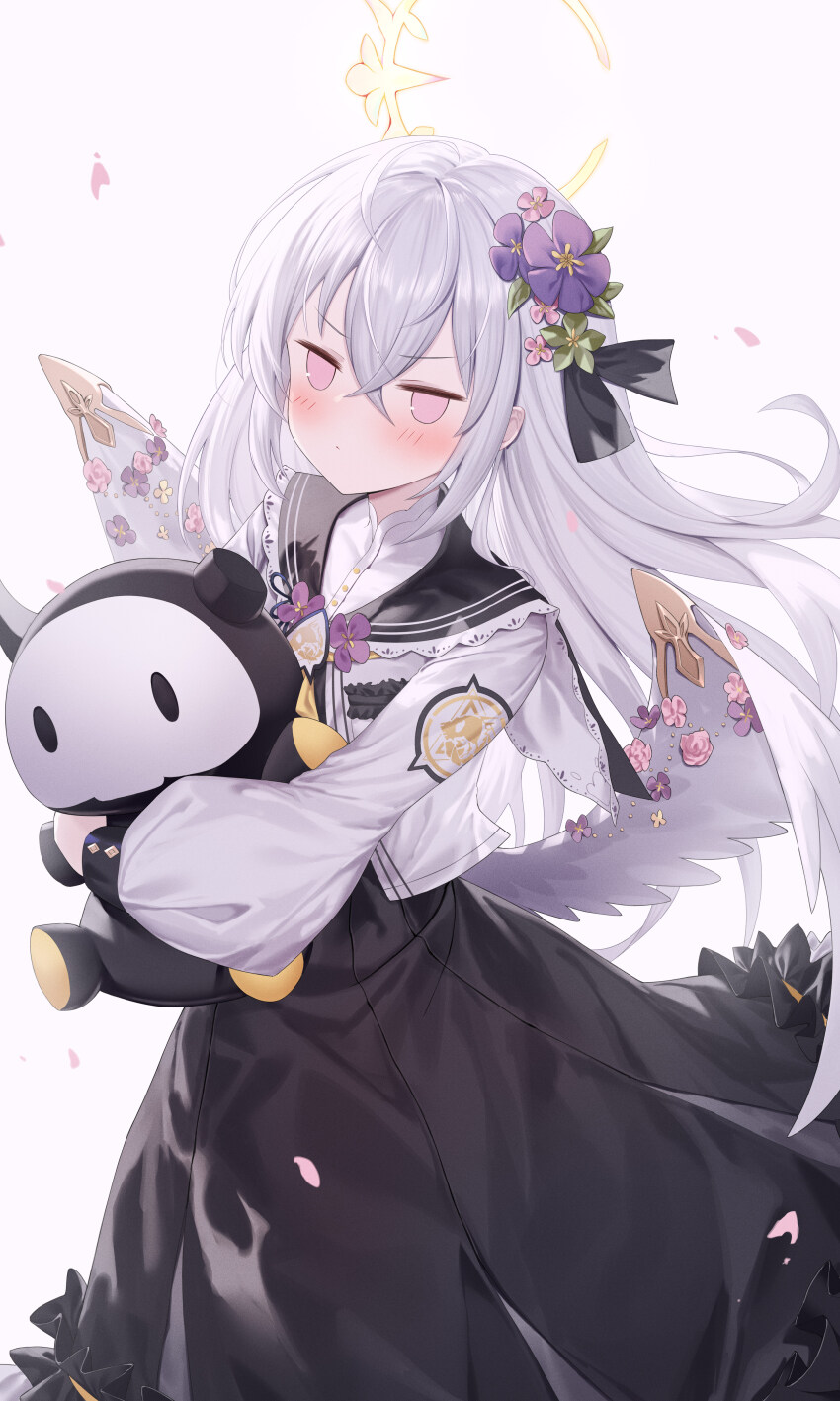 1girl absurdres azusa_(blue_archive) black_dress black_sailor_collar blue_archive closed_mouth dress feathered_wings flower grey_hair hair_between_eyes hair_flower hair_ornament halo highres hugging_object jacket jitome long_sleeves looking_at_viewer low_wings open_clothes open_jacket petals pink_background pink_eyes pink_flower pink_rose puffy_long_sleeves puffy_sleeves purple_flower roi_(liu_tian) rose sailor_collar simple_background solo stuffed_toy white_jacket white_wings wings