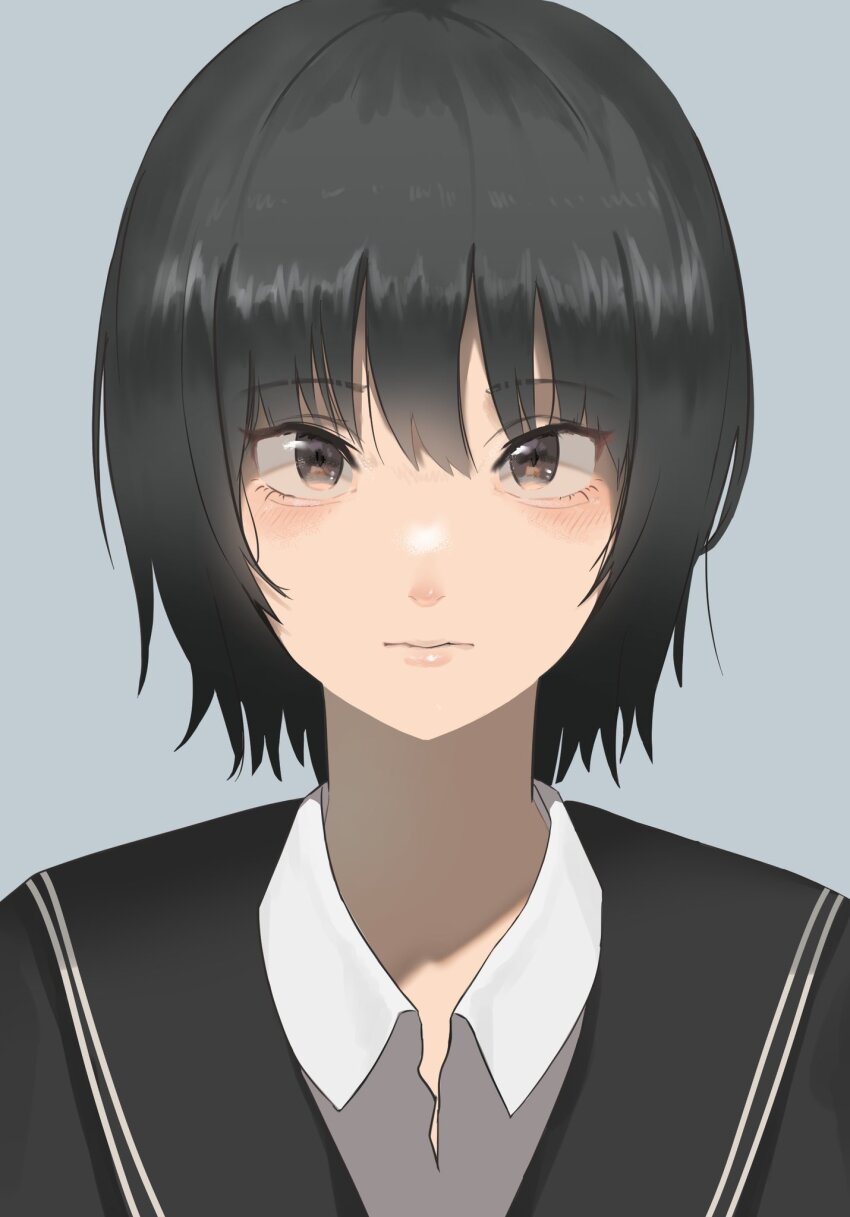 1girl :| amagami black_cardigan black_hair black_sailor_collar blue_background brown_eyes cardigan cchicken4256 close-up closed_mouth commentary expressionless eyelashes hair_between_eyes hair_strand highres kibito_high_school_uniform light_blush lips looking_at_viewer nanasaki_ai no_neckwear open_collar portrait sailor_collar school_uniform shirt short_hair simple_background solo straight-on upturned_eyes