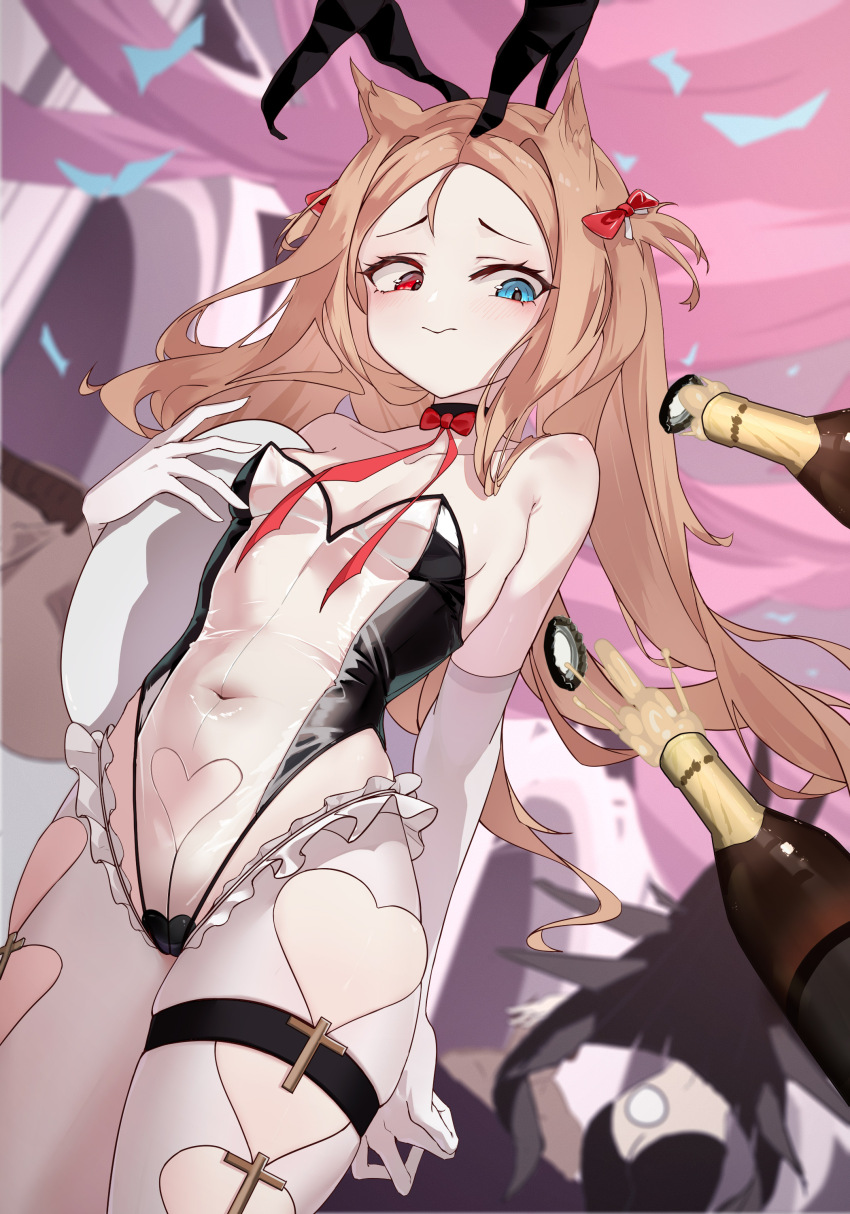 2girls absurdres animal_ears archetto_(arknights) arknights bare_shoulders black_hair blue_eyes breasts champagne_bottle commentary_request fake_animal_ears heterochromia highres holding holding_plate leotard long_hair multiple_girls navel orange_hair pink_skirt plate playboy_bunny rabbit_ears red_eyes see-through_clothes see-through_leotard sizuhaipa_(x-r-c) skirt small_breasts solo_focus thigh_strap thighhighs torn_clothes torn_thighhighs very_long_hair virtuosa_(arknights) white_thighhighs