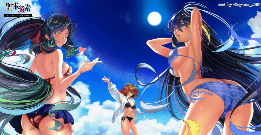 3girls absurdres ahoge armpits arms_behind_head arms_up ass ayane_sakura_(ayane_939) back bare_shoulders bikini black_bikini black_hair blonde_hair blue_bikini blue_skirt blue_sky breasts butt_crack cleavage dark-skinned_female dark_skin fate/grand_order fate_(series) fujimaru_ritsuka_(female) green_eyes green_hair hair_between_eyes highres long_hair long_sleeves looking_at_viewer looking_back medium_breasts microskirt multicolored_hair multiple_girls navel one_eye_closed open_mouth orange_eyes orange_hair puckered_lips red_bikini red_hair shirt short_hair sidelocks skirt sky smile streaked_hair swept_bangs swimsuit trung_nhi_(fate) trung_trac_(fate) wavy_hair white_shirt yellow_eyes
