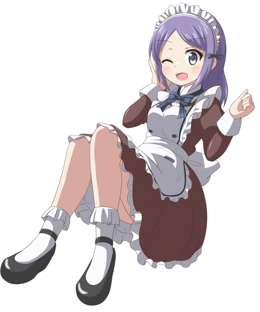 1girl absurdres apron bow convenient_censoring dot_nose female_focus full_body highres koisuru_asteroid long_hair long_sleeves looking_at_viewer maid maid_apron maid_headdress nanog_eb1994 one_eye_closed open_mouth purple_eyes purple_hair shoes simple_background socks solo suzuya_moe white_background white_socks wink