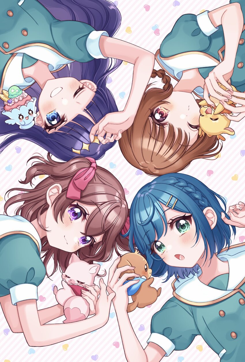 4girls absurdres aqua_dress aqua_eyes blue_eyes blue_hair blunt_bangs bow braid braided_hair_rings brown_hair collar delicious_party_precure dress fuwa_kokone grin hair_bow hair_ornament hair_rings hairclip hanamichi_ran highres kasai_amane kome-kome kuzumochi long_hair mem-mem_(precure) multiple_girls nagomi_yui one_eye_closed open_mouth pam-pam pink_bow precure puffy_sleeves purple_eyes purple_hair recipipi red_eyes short_hair smile two_side_up white_collar