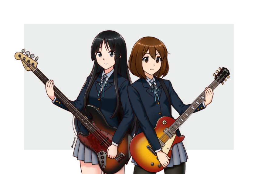 2girls akiyama_mio artist_name bass_guitar black_eyes black_hair black_pantyhose blazer blue_jacket blue_ribbon brown_eyes brown_hair buttoned_cuffs buttons closed_mouth collared_shirt commentary_request electric_guitar grey_skirt guitar hair_ornament hairclip hirasawa_yui holding holding_instrument instrument jacket k-on! long_hair long_sleeves looking_at_viewer morynocle multiple_girls neck_ribbon pantyhose pleated_skirt ribbon sakuragaoka_high_school_uniform school_uniform shirt short_hair sidelocks skirt smile twitter_username watermark white_shirt