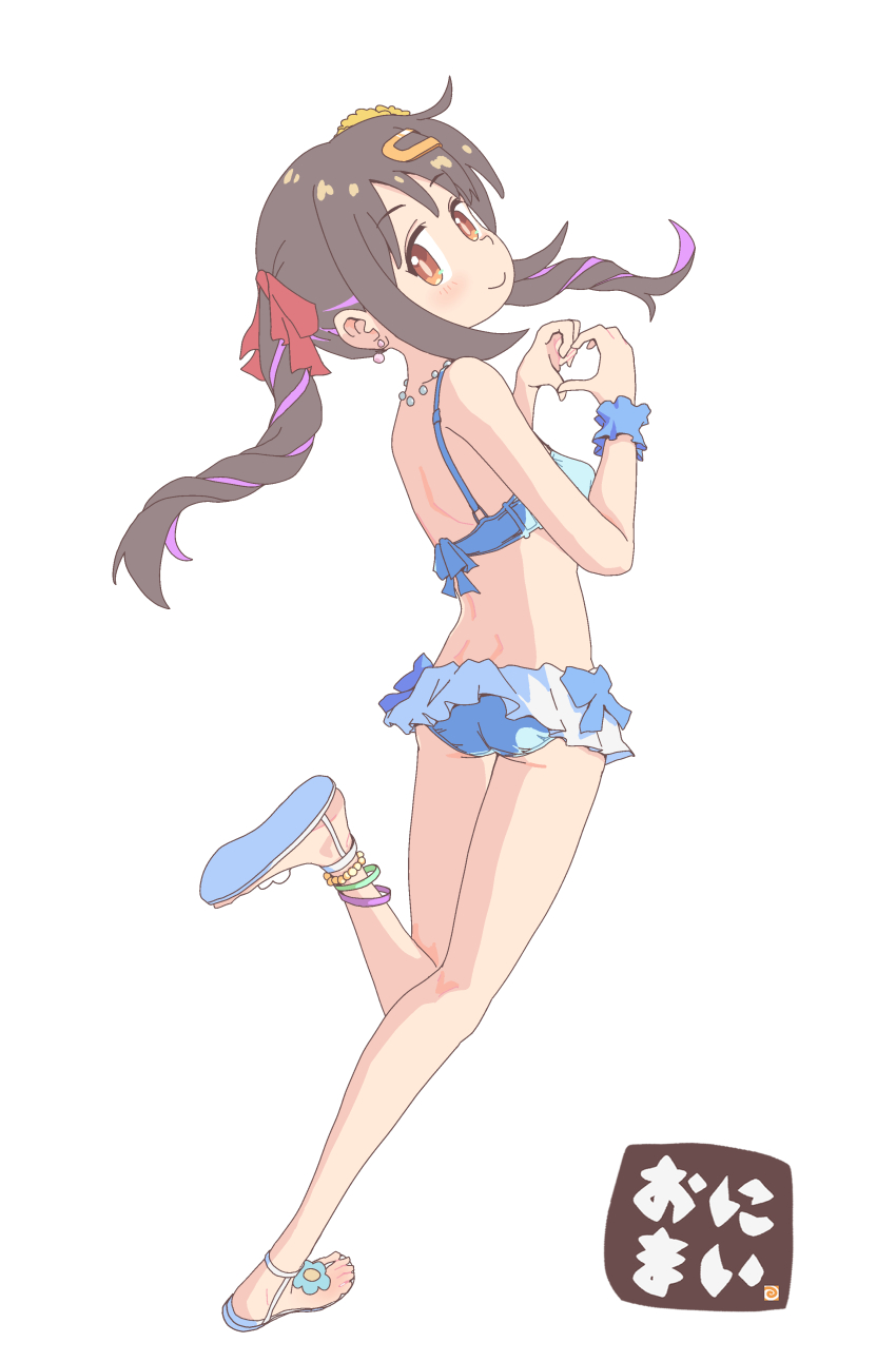 1girl absurdres artist_logo ass bikini bikini_skirt black_hair blue_bikini blue_scrunchie brown_eyes frilled_bikini frills from_behind full_body hair_ornament hairclip heart heart_hands highres jibijibipen logo long_hair looking_at_viewer looking_back multicolored_hair onii-chan_wa_oshimai! oyama_mihari ponytail purple_hair sandals scrunchie sidelocks simple_background smile solo swimsuit twintails two-tone_hair white_background wrist_scrunchie