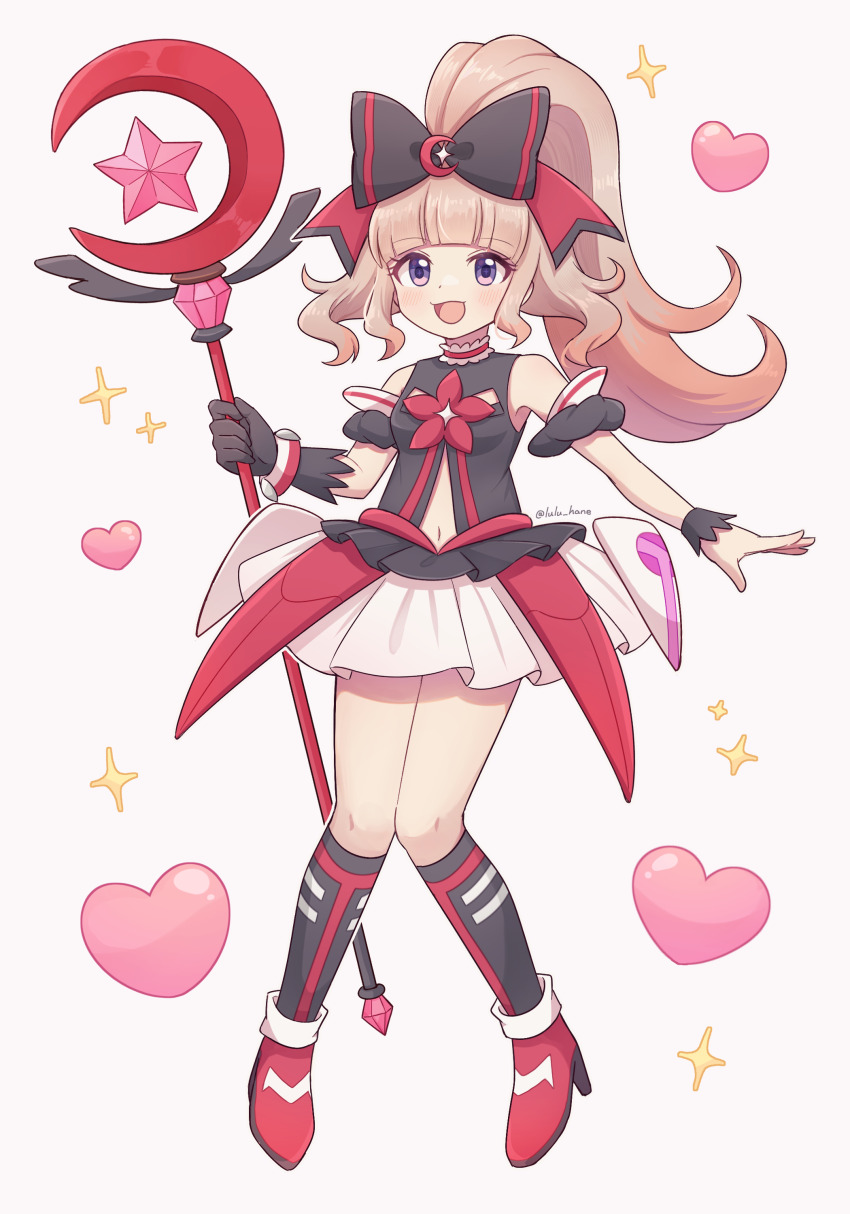 1girl :3 absurdres armband artist_name black_bow black_gloves black_shirt blonde_hair blunt_bangs bow breasts clothing_cutout colored_tips crescent dot_nose elzemekia flower full_body gloves heart high_ponytail highres holding holding_staff kitten_heels knees_together_feet_apart large_bow layered_skirt long_hair looking_ahead lulu_hane multicolored_hair navel open_mouth orange_hair pigeon-toed pleated_skirt ponytail purple_eyes red_flower red_footwear shirt simple_background single_glove skirt sleeveless sleeveless_shirt small_breasts sparkle staff star_(symbol) stomach_cutout white_background white_skirt youkai_watch