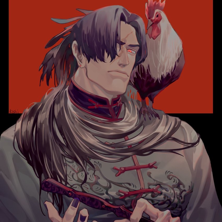 1boy bird chicken chinese_clothes closed_mouth commentary_request highres holding long_hair male_focus mature_male muscular muscular_male original red_eyes rooster scar scar_on_face scarf solo ueno_kishi