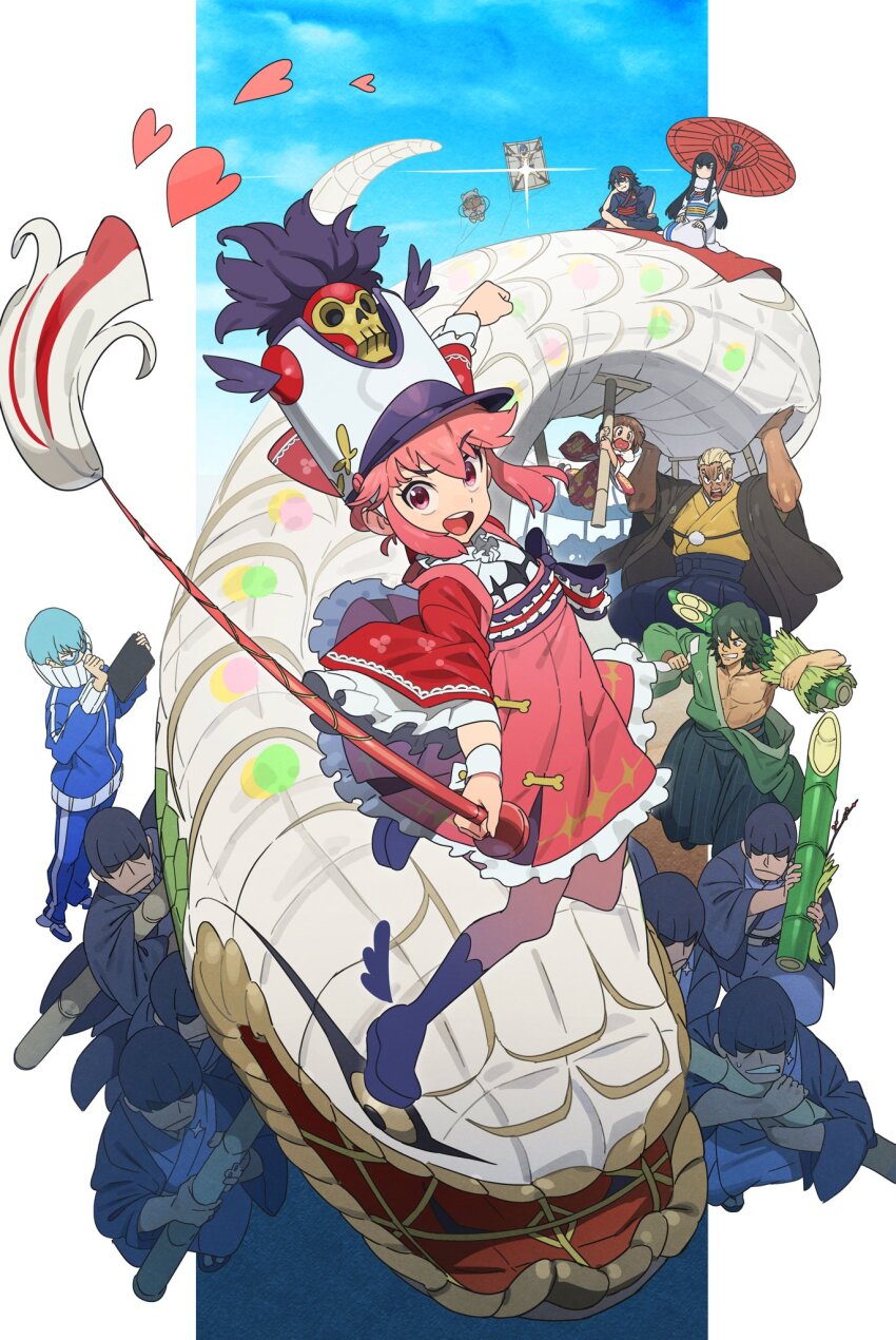 4girls 6+boys bamboo black_hair black_kimono blonde_hair blue_hair blue_jacket blue_kimono blue_pants blunt_bangs brown_hair character_request clothing_request dress frilled_dress frills fur-trimmed_kimono fur_trim gamagoori_ira green_hair hat heart highres indian_style inumuta_houka jacket jakuzure_nonon japanese_clothes kill_la_kill kimono kiryuuin_satsuki long_hair looking_at_viewer mankanshoku_mako matoi_ryuuko multiple_boys multiple_girls nishiki_kazue obi oil-paper_umbrella one-star_students open_mouth pants pink_dress pink_eyes pink_hair purple_sash red_umbrella sanageyama_uzu sash seiza short_hair sitting teeth track_jacket track_pants umbrella upper_teeth_only white_kimono wide_sleeves