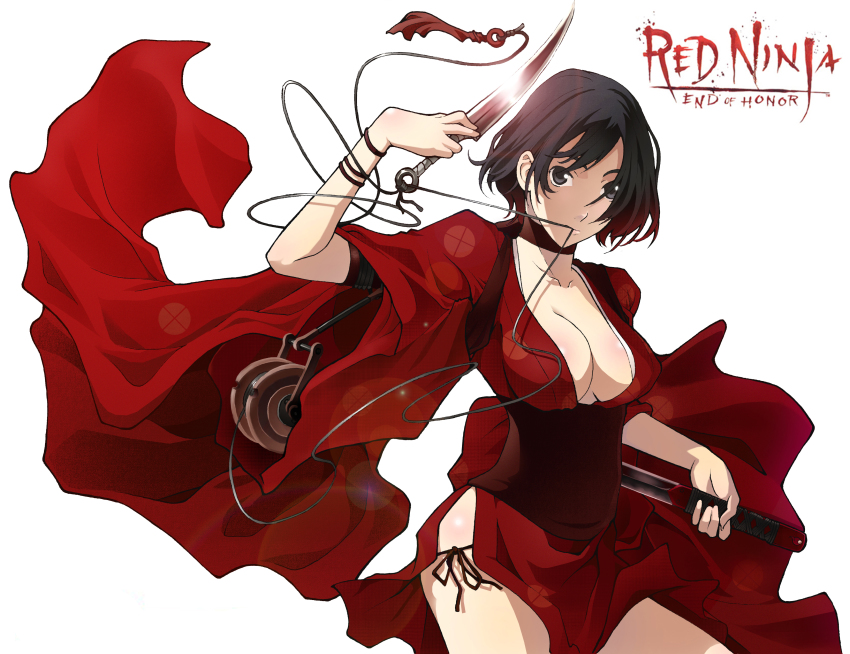 1girl absurdres breasts choker cleavage copyright_name highres japanese_clothes jaypao kimono knife kodachi kunai kurenai_(red_ninja:_end_of_honor) large_breasts looking_at_viewer mouth_hold ninja no_bra obi open_clothes panties red_ninja:_end_of_honor reverse_grip sash short_hair short_kimono short_sword side-tie_panties simple_background sword underwear weapon white_background