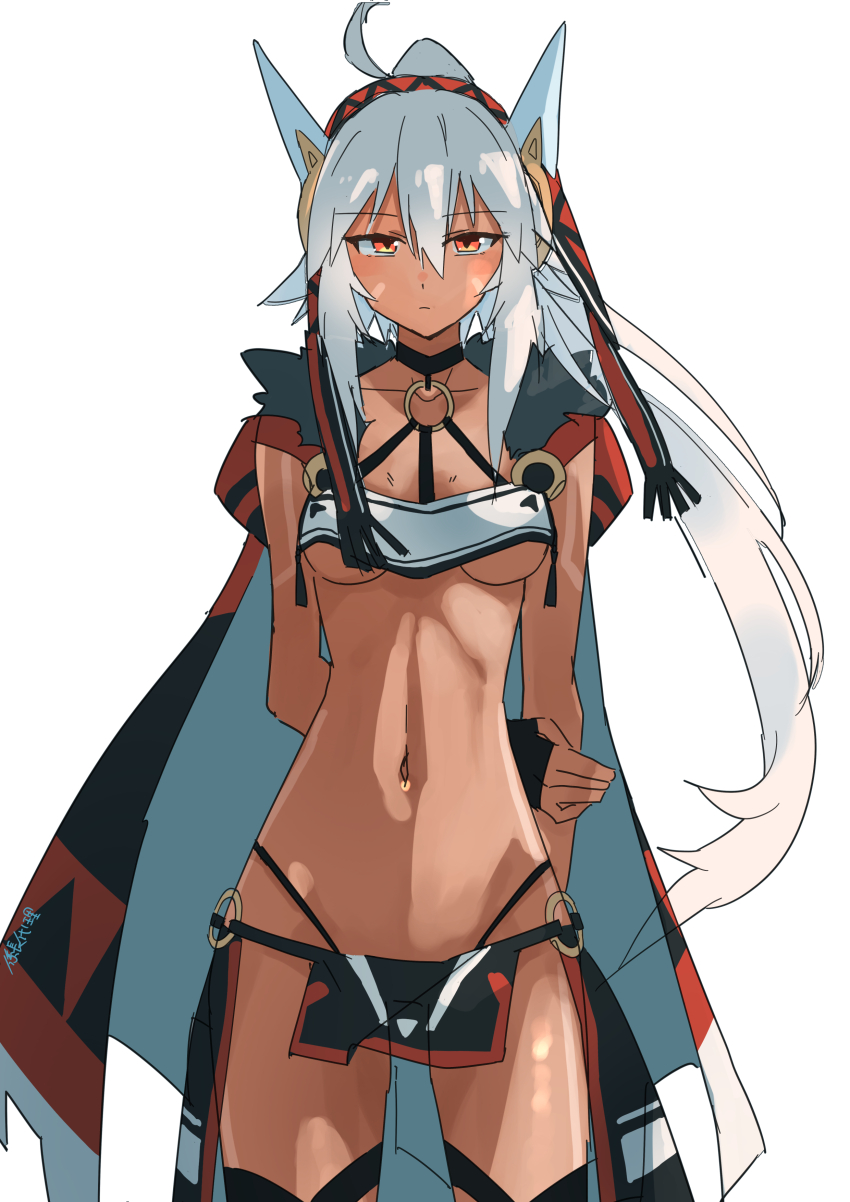 1girl absurdres ahoge arms_behind_back azur_lane black_gloves black_panties black_skirt blue_cape breast_curtain breasts cape closed_mouth commentary cowboy_shot dark-skinned_female dark_skin expressionless fingerless_gloves fur-trimmed_cape fur_trim gloves hair_between_eyes high_ponytail highleg highleg_panties highres kakaricho_dairi loincloth long_bangs long_hair looking_at_viewer medium_breasts midriff minneapolis_(azur_lane) multicolored_cape navel o-ring o-ring_bottom orange_eyes panties ponytail red_cape revealing_clothes showgirl_skirt simple_background skirt solo underboob underwear very_long_hair white_background white_hair