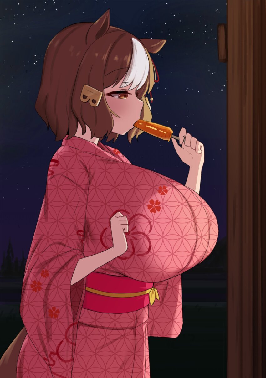 1girl absurdres alternate_breast_size alternate_costume animal_ears belno_light_(umamusume) bow breasts brown_hair ear_ornament ear_ribbon eating food hair_ornament highres holding holding_food horse_ears horse_girl horse_tail huge_breasts japanese_clothes kimono letter_hair_ornament night night_sky noe_(ppppriver) pink_kimono print_kimono short_hair sky solo tail umamusume umamusume:_cinderella_gray yukata