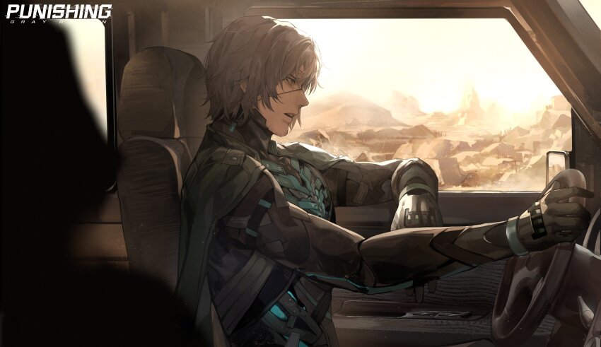 1boy absurdres desert driving highres official_art outdoors punishing:_gray_raven solo solo_focus twitter vehicle_interior watanabe:_epitaph_(pgr) watanabe_(pgr) wheel