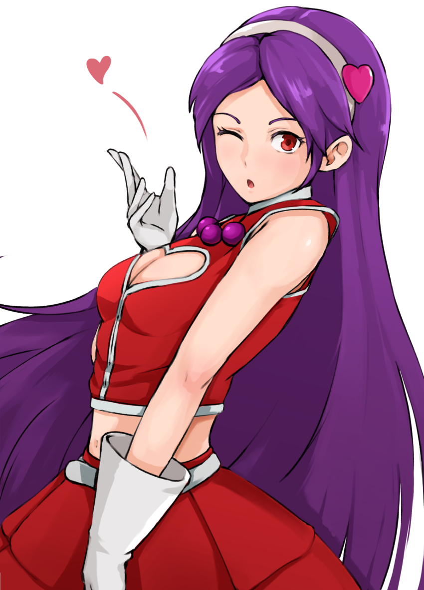 1girl artist_request asamiya_athena blowing_kiss bow breasts cleavage_cutout clothing_cutout dress gloves hair_bow heart highres long_hair looking_at_viewer medium_breasts midriff navel one_eye_closed psycho_soldier purple_hair red_eyes snk solo the_king_of_fighters the_king_of_fighters_2003 wink