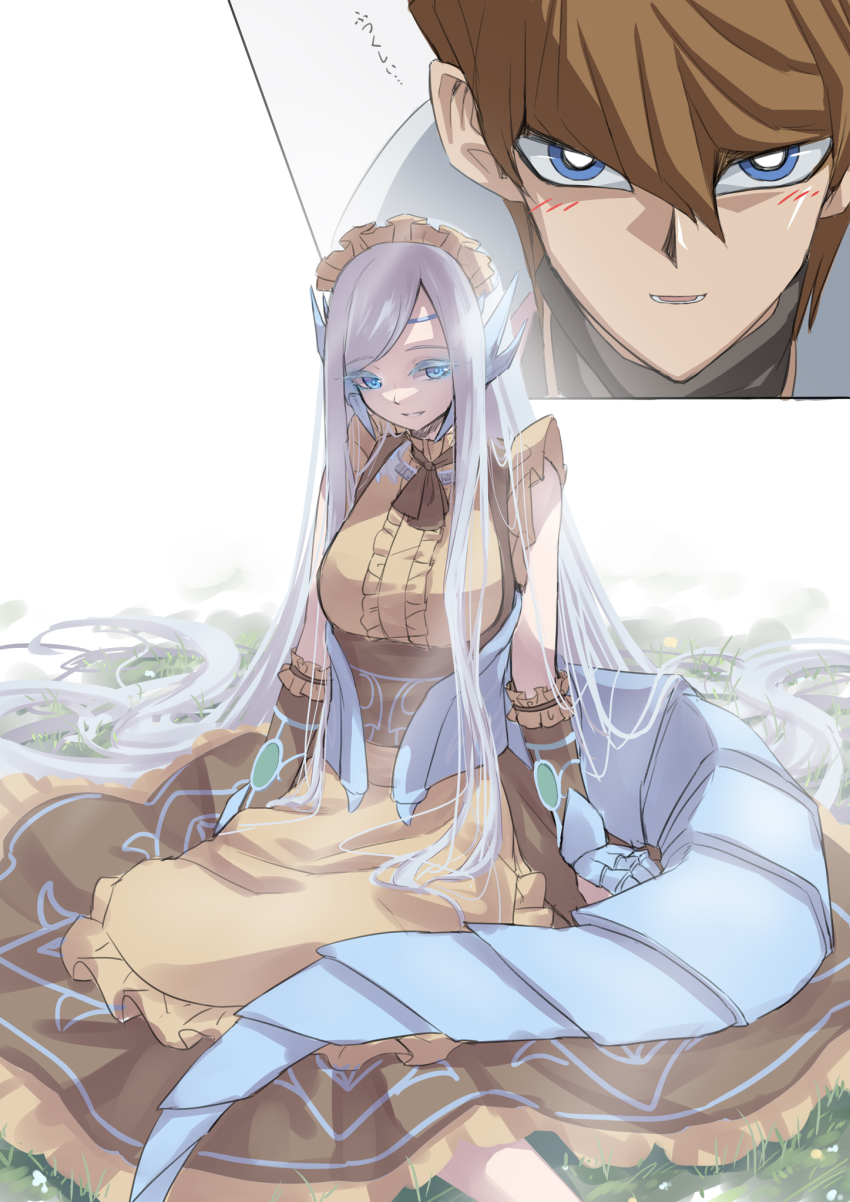 1boy 1girl blue_eyes breasts brown_hair dragon_girl dragon_tail duel_monster grass headband highres kaiba_seto kisara_(yu-gi-oh!) large_breasts light_blush long_hair maid_headdress maiden_with_eyes_of_blue outdoors short_hair shun_no_shun sitting smile tail very_long_hair white_hair yu-gi-oh! yu-gi-oh!_duel_monsters