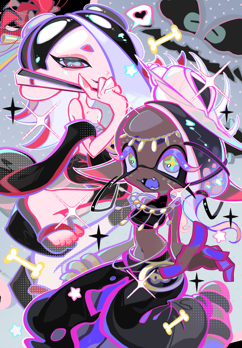 1boy 2girls bare_shoulders big_man_(splatoon) black_hair black_pants black_pantyhose black_shawl black_shirt cephalopod_eyes chest_sarashi colored_eyelashes crop_top dark-skinned_female dark_skin earrings fangs flower frye_(splatoon) ghost_costume gradient_hair hair_flower hair_ornament hair_over_one_eye halloween_costume hand_fan heart highres holding holding_fan inkling jewelry midriff multicolored_hair multiple_girls nintendo no_earrings octoling official_alternate_costume official_alternate_hair_color open_mouth pants pantyhose purple_hair red_eyes red_flower sandals sarashi shawl shirt shiver_(splatoon) smile speech_bubble spider_lily splatoon_(series) splatoon_3 spoken_heart suction_cups tentacle_hair two-tone_hair xiaoyunatie