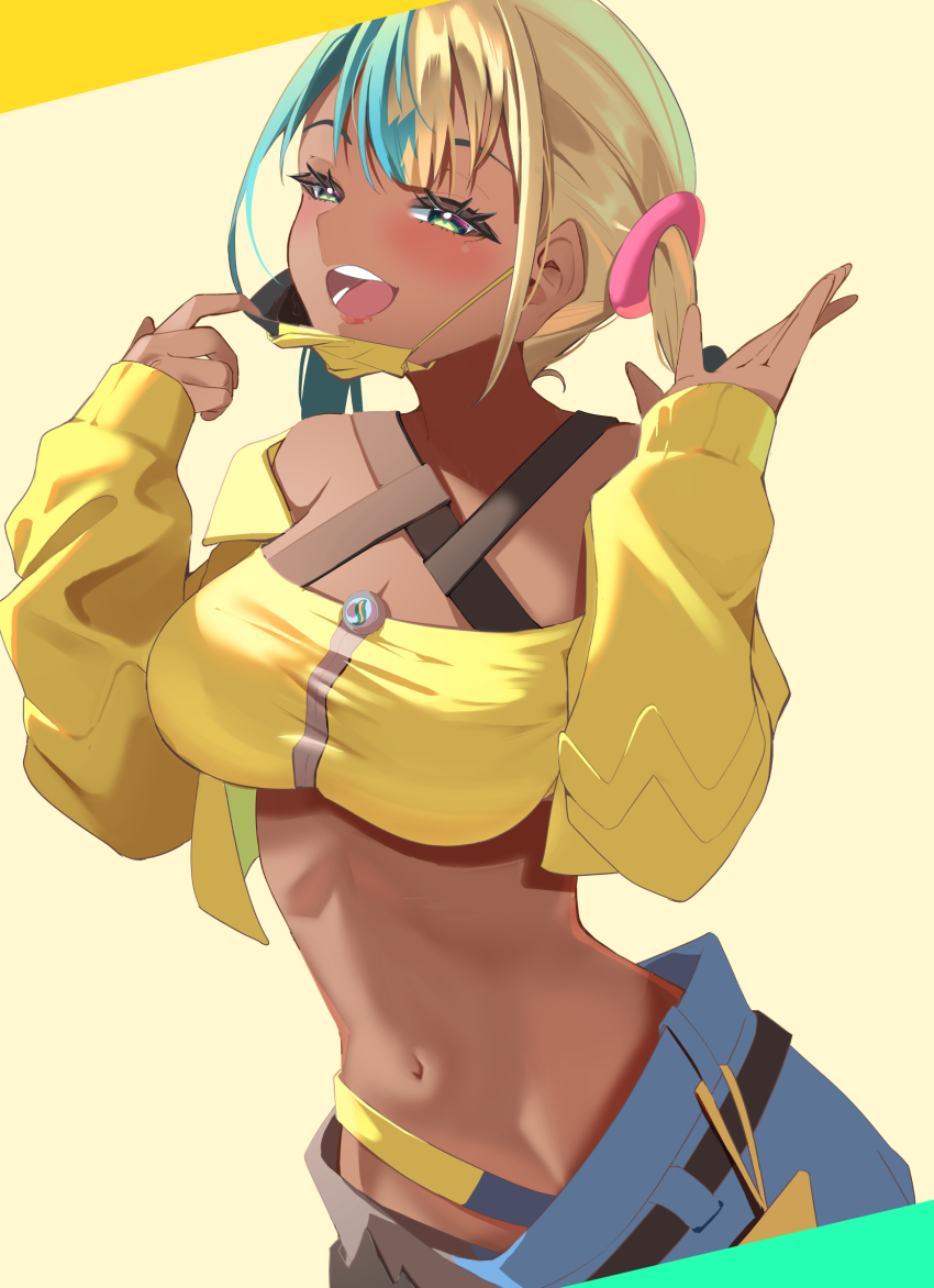 1girl absurdres aqua_hair bandeau black_mask black_pants blonde_hair blue_eyes blue_pants blush breasts canari_(pokemon) center-flap_bangs criss-cross_straps dark-skinned_female dark_skin highres jacket large_breasts long_sleeves looking_at_viewer mask mask_pull momdy_(talesshinja) mouth_mask multicolored_hair navel nintendo open_mouth pants pokemon pokemon_legends:_z-a short_twintails simple_background smile solo split-color_hair sports_bra teeth twintails two-tone_hair two-tone_mask two-tone_pants yellow_bandeau yellow_jacket yellow_mask yellow_sports_bra
