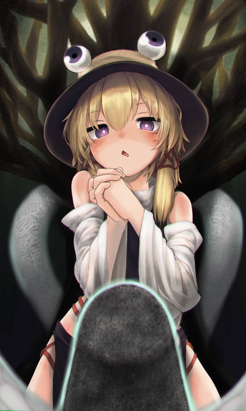 1girl absurdres bare_shoulders blonde_hair blush bright_pupils brown_headwear commentary_request highres looking_at_viewer mishaguji moriya_suwako neritch open_mouth own_hands_together purple_eyes ringed_eyes sidelocks skirt solo touhou white_pupils