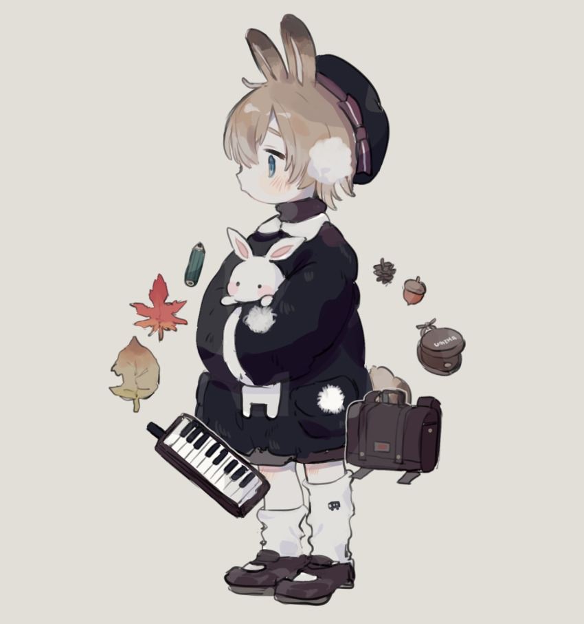 1boy acorn animal animal_ears animal_hat asymmetrical_legwear bag black_coat black_hat blue_eyes brown_hair brown_shoes brown_shorts closed_mouth coat collared_coat commentary_request cotono_(nazekun) earmuffs full_body grey_background hat highres holding holding_animal holding_rabbit instrument keyboard_(instrument) leaf long_sleeves male_focus maple_leaf melodica original pencil pinecone pocket pom_pom_(clothes) rabbit rabbit_boy rabbit_ears rabbit_hat rabbit_tail school_bag shoes short_hair shorts simple_background socks tail turtleneck uneven_legwear white_rabbit_(animal) white_socks