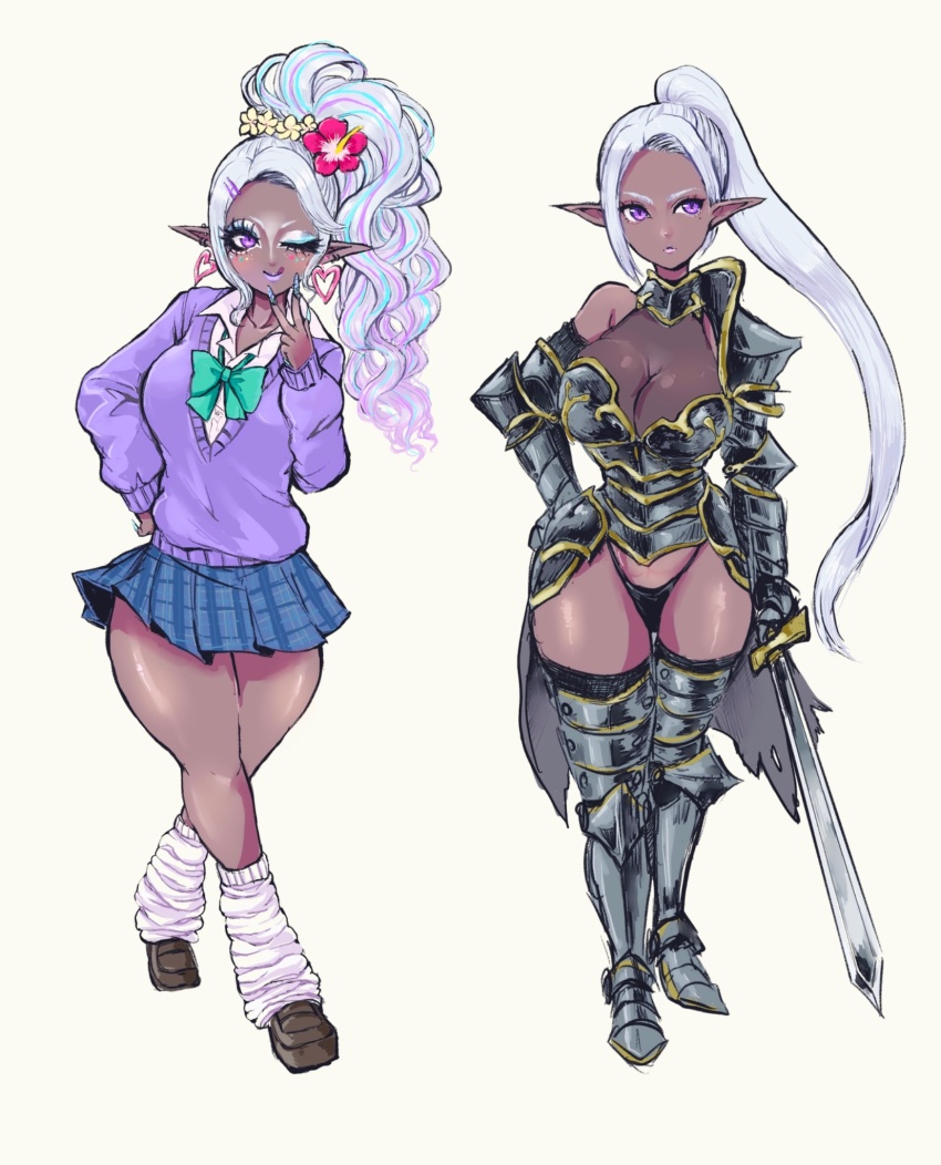 armor before_and_after bow bowtie breasts cleavage dark-skinned_female dark_elf dark_skin ear_piercing elf facepaint fake_nails gyaru gyaru_makeup highres large_breasts large_forehead long_hair long_pointy_ears looking_at_viewer loose_bowtie loose_socks manba_gyaru mind_control multicolored_hair nail_polish original panties piercing pleated_skirt pointy_ears revealing_clothes sakuramau school_uniform shirt skirt smile socks sword thick_thighs thighhighs thighs transformation underwear weapon white_hair white_shirt yamanba_(gyaru)