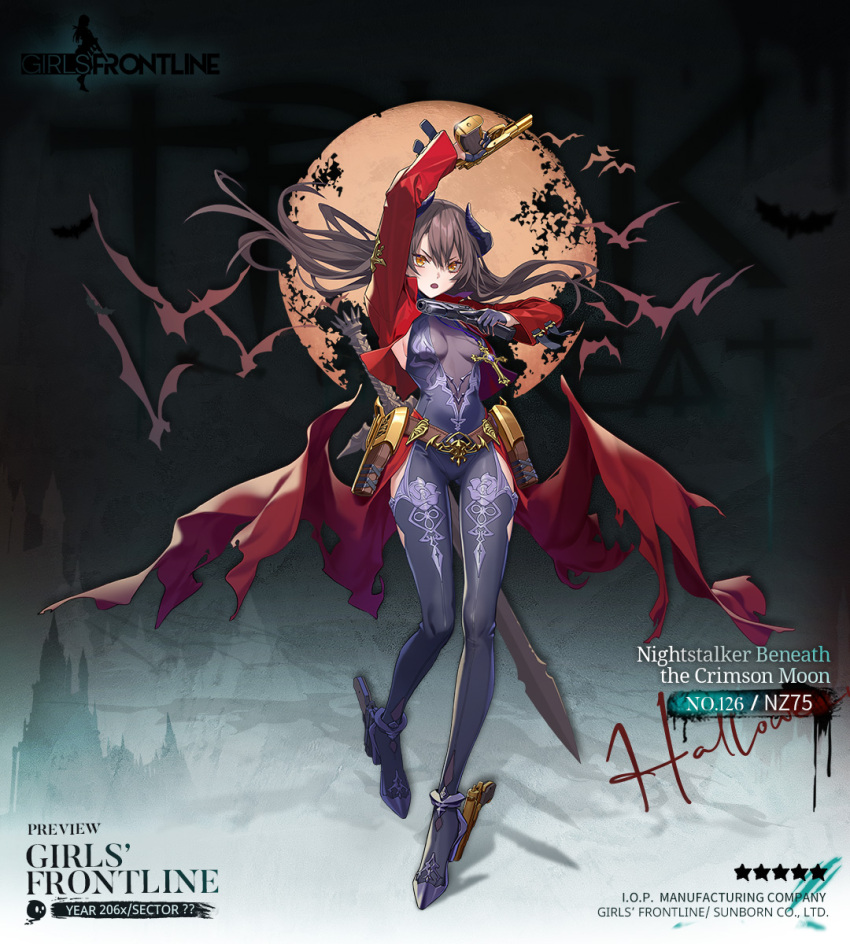 1girl :o ankle_gun armpit_cutout artist_request bat_(animal) belt black_gloves black_horns black_leotard bodysuit breasts brown_belt brown_hair center_opening character_name clothing_cutout coat commentary company_name copyright_name cross cross_necklace cz_75 demon_horns dual_wielding english_commentary english_text floral_print full_body full_moon girls&#039;_frontline gloves golden_gun gun hair_between_eyes half_gloves halloween handgun high_heels highres holding holding_gun holding_weapon holster horns huge_moon jewelry leotard long_hair long_sleeves looking_at_viewer medium_breasts moon necklace nz75_(girls&#039;_frontline) nz75_(nightstalker_beneath_the_crimson_moon)_(girls&#039;_frontline) official_alternate_costume official_art open_mouth print_bodysuit promotional_art purple_bodysuit purple_shoes red_coat rose_print second-party_source shoes sideboob solo star_(symbol) sword thigh_cutout torn_clothes torn_coat trigger_discipline turtleneck turtleneck_bodysuit v-shaped_eyebrows very_long_hair weapon weapon_request yellow_eyes
