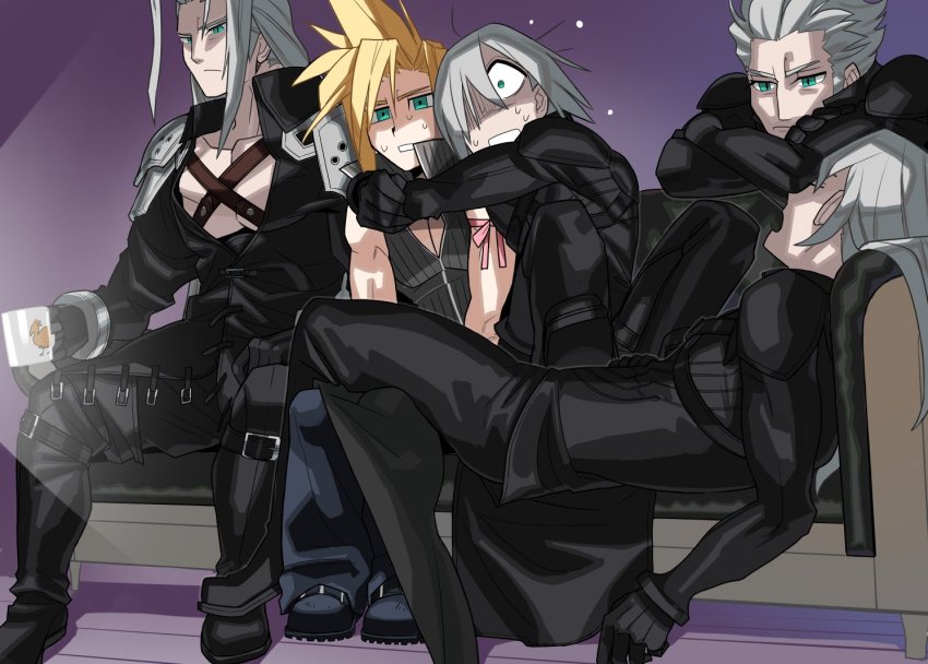 5boys aqua_eyes arm_ribbon armor black_footwear black_gloves black_jacket black_pants blonde_hair boots chest_strap chocobo clenched_teeth cloud_strife coffee_mug couch crossed_arms cup final_fantasy final_fantasy_vii final_fantasy_vii_advent_children full_body gloves grey_hair grey_shirt hair_between_eyes hair_over_one_eye hair_slicked_back high_collar holding holding_cup jacket kadaj long_hair loz male_focus mug multiple_boys one_eye_covered open_collar pants parted_bangs pink_ribbon ribbon sephiroth shirt short_hair shoulder_armor sleeping sleeveless sleeveless_shirt spiked_hair sub_fan_art sweatdrop teeth wide-eyed yazoo