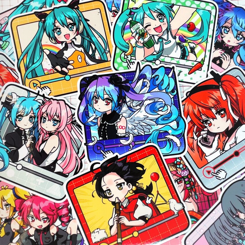 6+girls a.i._voice adachi_rei akita_neru antenna_hair arm_tattoo babylonholic backpack bag banana bare_shoulders black_dress black_hair black_jacket black_shirt blonde_hair blue_eyes blue_hair blue_necktie bodysuit bottle breast_pocket brown_eyes carrot cassette_player closed_mouth collared_shirt double-parted_bangs dress drill_hair dual_persona elbow_gloves flat_chest flute food frilled_dress frills from_side fruit ghost_rule_(vocaloid) gloves grey_shirt hair_between_eyes hair_ribbon hatsune_miku hatsune_miku_(heartbeat) hatsune_miku_(infinity) hatsune_miku_no_gekishou_(vocaloid) headlamp heart heart-shaped_pupils highres holding holding_bottle holding_hands infinity_symbol instrument interlocked_fingers iyowa_girls jacket japanese_clothes kaai_yuki kasane_territory_(utau) kasane_teto kasane_teto_(utau) kimono kurari-chan_(iyowa) kyoufuu_all_back_(vocaloid) kyu-kurarin_(cevio) long_hair looking_at_viewer looking_to_the_side media_player_interface megurine_luka miniskirt multicolored_hair multiple_girls music necktie netsu_ijou_(utau) odds_&amp;_ends_(vocaloid) official_alternate_costume open_mouth orange_bodysuit pill pink_hair playing_flute playing_instrument pleated_skirt pocket ponytail poppippoo_(vocaloid) project_diva project_diva_(series) project_diva_f purple_hair purple_necktie radio_antenna rainbow red_eyes red_hair red_shirt red_tattoo red_trim ribbon shirt shoulder_tattoo side_ponytail skirt sleeveless sleeveless_dress sleeveless_shirt songover symbol-shaped_pupils tattoo tomato twin_drills twintails utau vegetable_juice vocaloid white_bodysuit white_dress white_gloves white_hair white_jacket white_ribbon wing_collar wings world&#039;s_end_dancehall_(vocaloid) yellow_necktie yellow_trim yoshiwara_lament_(utau) yowane_haku yuri