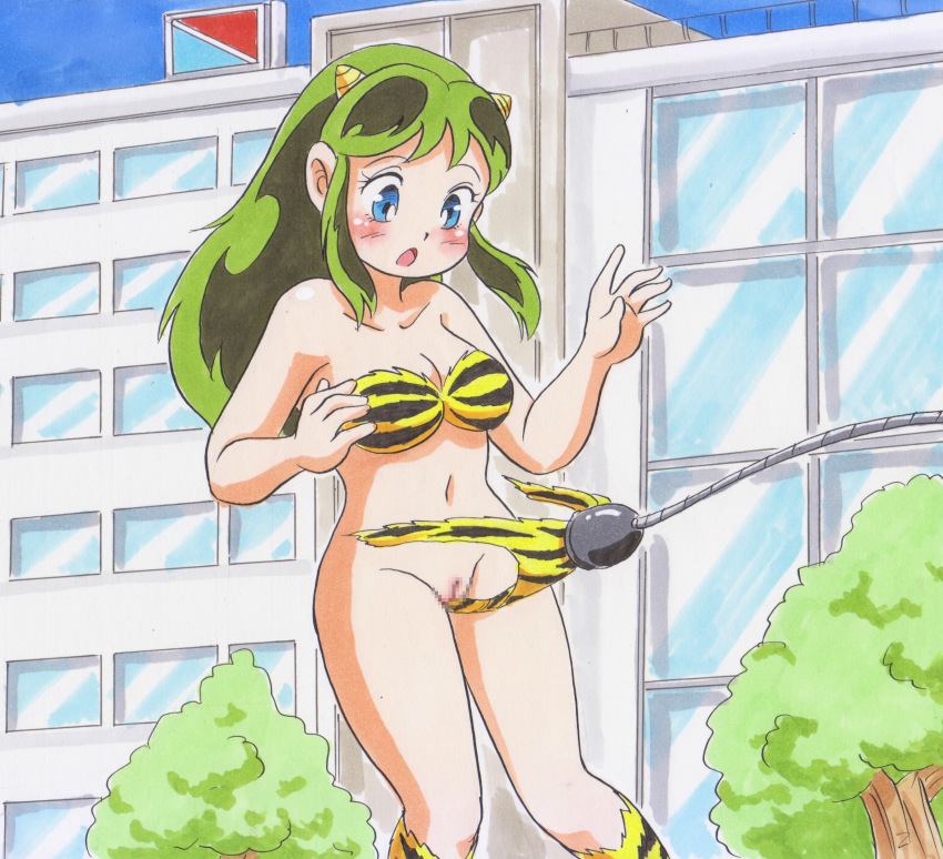 1girl absurdres animal_print bikini bikini_pull blue_eyes blush boots breasts building censored cleavage clothes_pull collarbone demon_girl demon_horns green_hair highres horns knee_boots long_hair looking_down lum marup medium_breasts open_mouth orange_bikini orange_boots print_bikini print_boots pulling_another&#039;s_clothes pussy sky solo standing striped_bikini striped_clothes striped_footwear suction_cup surprised swimsuit tiger_print tree urusei_yatsura window