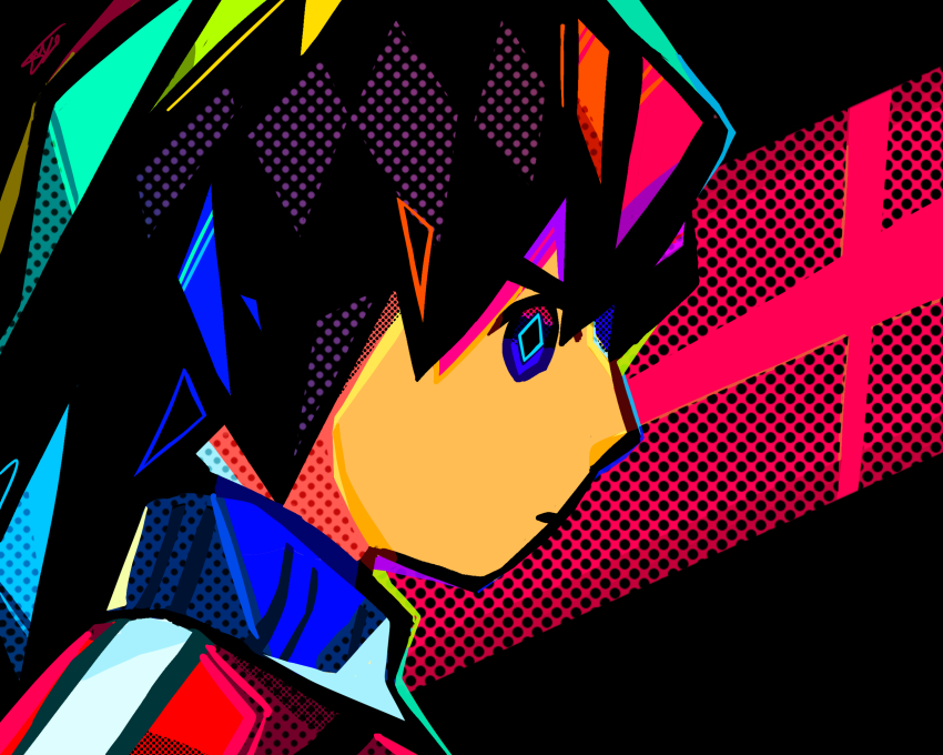 1boy black_hair blue_eyes closed_mouth colorful commentary halftone highres jacket looking_at_viewer male_focus mii_(nintendo) mii_brawler mii_brawler_(smash_ultimate) multicolored_eyes multicolored_hair nintendo nyo02921978 portrait signature solo super_smash_bros. upper_body