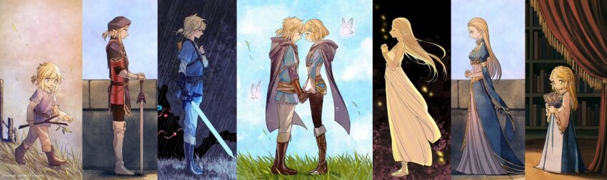 1boy 1girl age_progression aged_down blue_dress blue_sky blue_tunic book boots bracelet braid branch brown_footwear cape champion&#039;s_tunic_(zelda) child crown_braid curtains dress embers eye_contact face-to-face fairy glowing glowing_sword glowing_weapon gold_bracelet grass grey_cape guardian_(zelda) hetero holding holding_book holding_branch holding_hands holding_sword holding_weapon hood hooded_cape hooded_robe jewelry kiss kissing_forehead knee_boots leather leather_boots library link long_hair looking_at_another master_sword mouyi nintendo ponytail princess_zelda rain robe royal_guard_set_(zelda) short_ponytail sidelocks sky sword the_legend_of_zelda the_legend_of_zelda:_breath_of_the_wild tiara tunic weapon white_dress white_footwear white_tunic