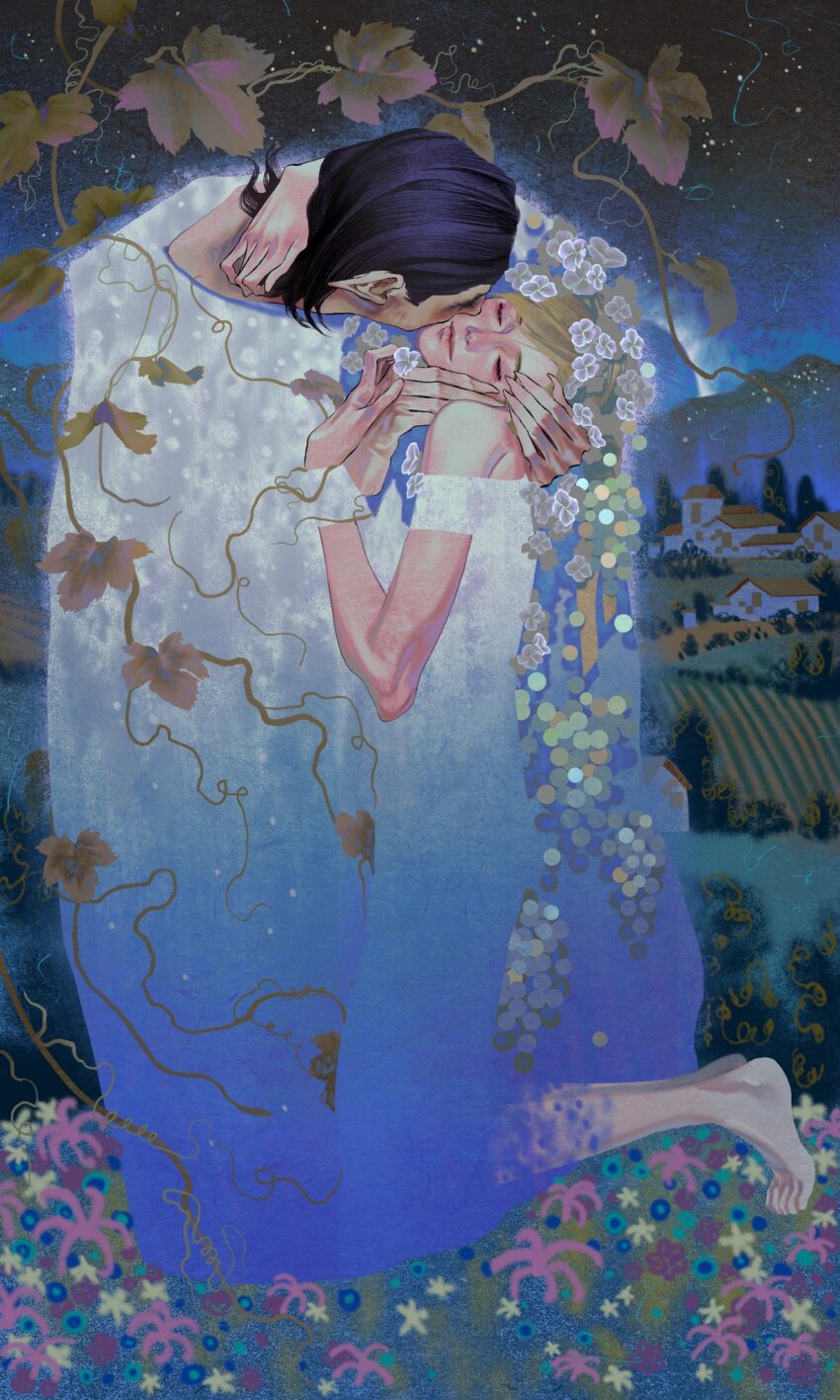 1girl achooho barefoot black_hair closed_eyes closed_mouth dress field fine_art_parody flower full_body highres leaf night original outdoors parody plant pointy_ears short_hair single_bare_shoulder sky star_(sky) the_kiss village white_dress