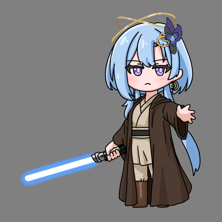 1girl blue_hair blue_lightsaber brown_footwear brown_robe commentary_request cosplay energy_sword frown full_body grey_background griseo griseo_(cosmic_expression) highres holding holding_sword holding_weapon honkai_(series) honkai_impact_3rd jedi light_blue_hair lightsaber looking_at_viewer mokkyo_(motkyo) obi-wan_kenobi obi-wan_kenobi_(cosplay) purple_eyes robe simple_background solo star_wars sword weapon