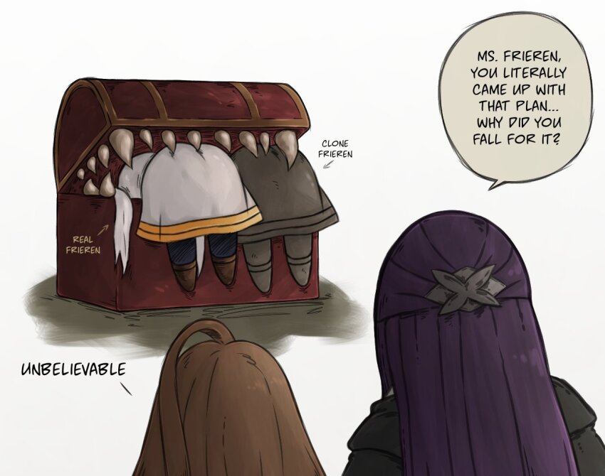 4girls ahoge ass ass_focus basedlida brown_hair clone dress english_text female_focus fern_(sousou_no_frieren) frieren from_behind grey_background grey_dress hair_ornament long_hair mimic mimic_chest multiple_girls pantyhose purple_hair sense_(sousou_no_frieren) sharp_teeth simple_background skirt sousou_no_frieren speech_bubble stuck teeth