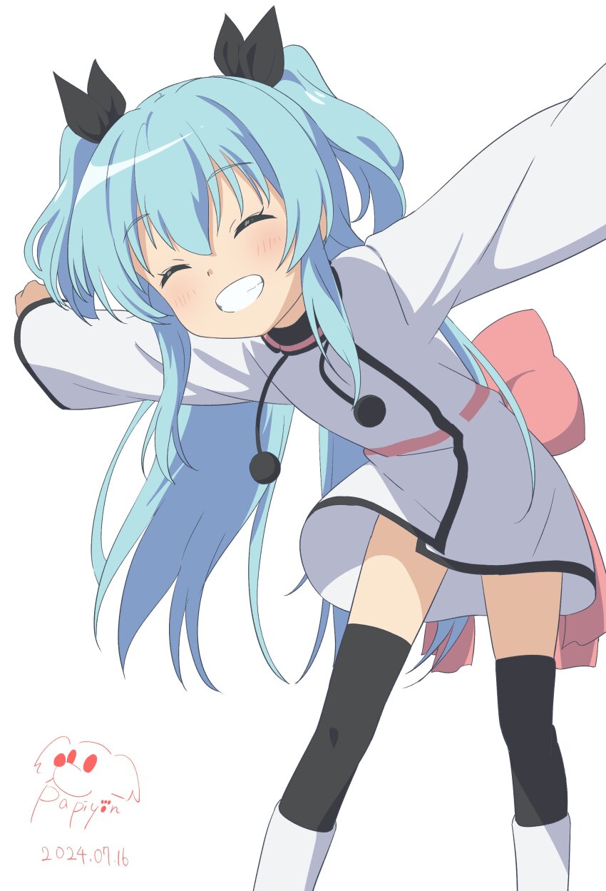 1girl 2024 absurdres artist_name black_ribbon black_thighhighs blue_hair closed_eyes dated dot_nose dress female_focus hair_between_eyes highres long_hair long_sleeves noel_(sora_no_method) open_mouth papiyon1297 ribbon simple_background solo sora_no_method standing teeth thighhighs twintails two_side_up very_long_hair white_background white_dress